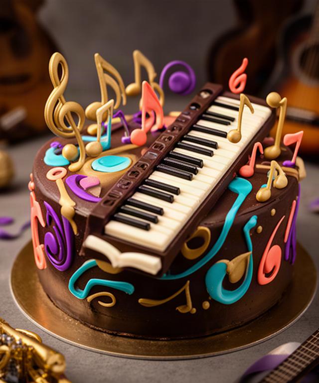Tarta temática musical con teclado de chocolate y notas decorativas